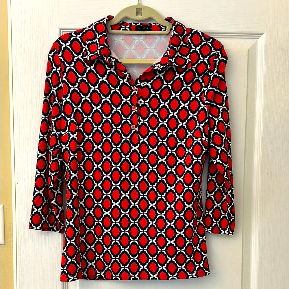 Talbots Red and Navy Geometric Women's Top
